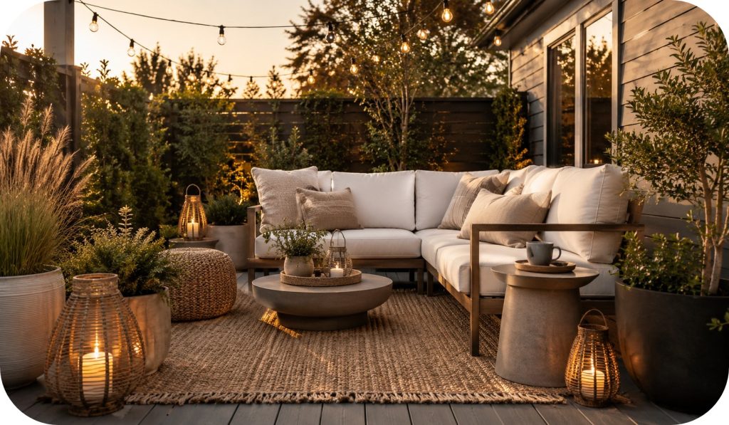 Outdoor garden corner at golden hour with layered planters, cozy seating, lanterns, string lights, and warm neutral styling in a relaxed lounge setup.