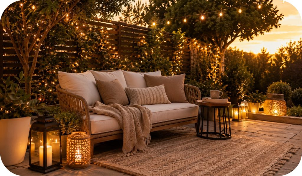 Outdoor garden lounge at sunset with string lights overhead, lanterns, cushioned seating, rug, greenery, and warm ambient lighting.