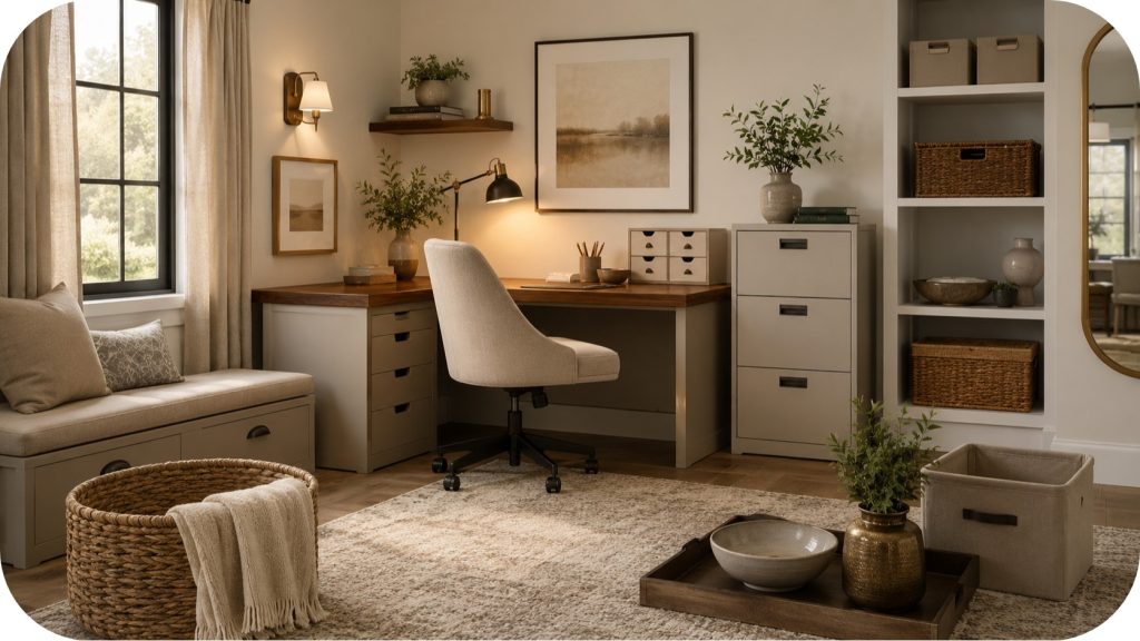 Functional corner office with a compact desk, neutral chair, filing cabinet, storage drawers, open shelving, woven baskets, warm lighting, and calm neutral décor.