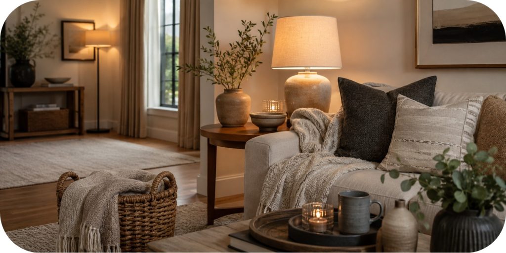 Cozy living room corner with layered throw pillows, soft blanket, warm table lamp, woven basket, coffee table tray, ceramic mug, candlelight, and greenery.