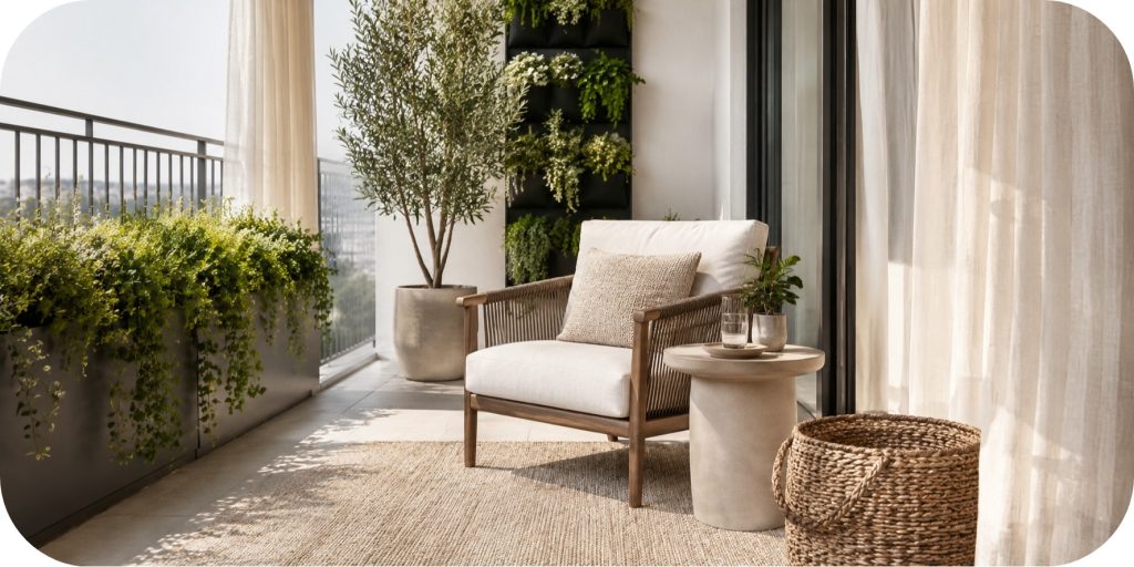 Airy small balcony designed with open floor space, compact seating, railing planters, and vertical greenery for a clean functional layout.