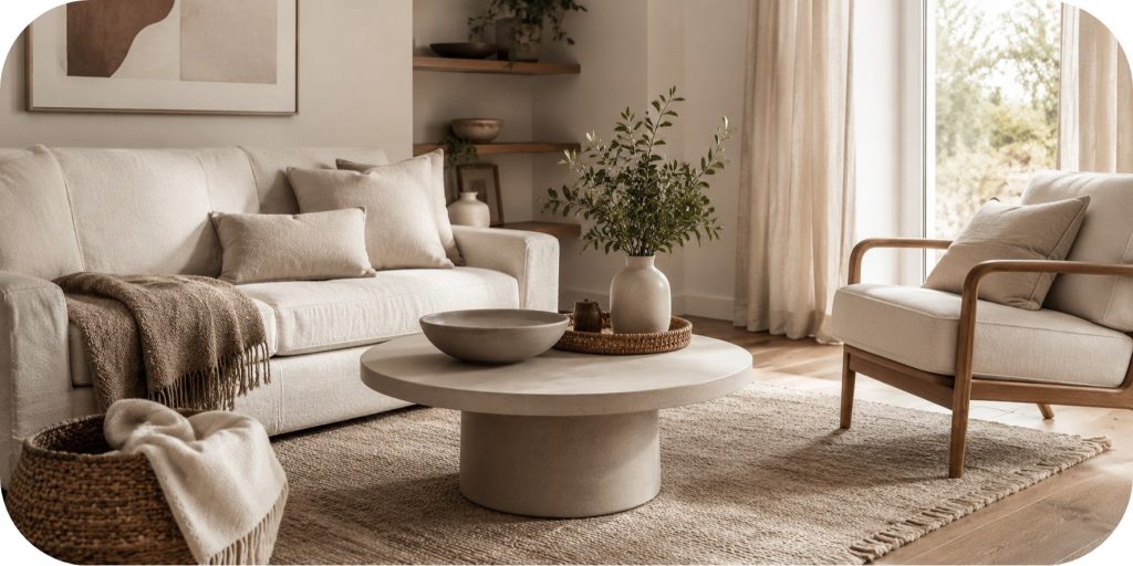 Cozy neutral living room centered on a round coffee table styled with ceramic bowl, tray, and greenery surrounded by sofa and accent chair.