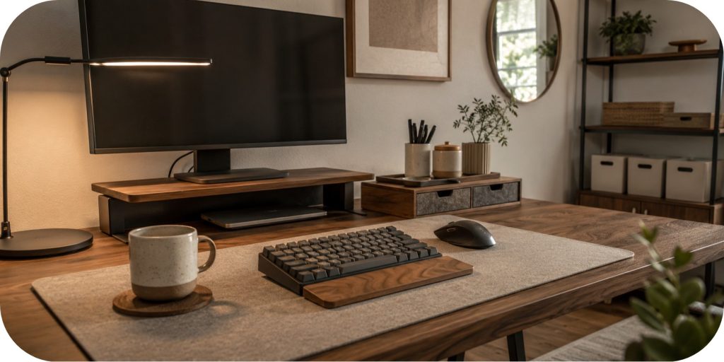 Warm wood desktop styled with a neutral desk mat, slim desk lamp, monitor stand, organizer tray, ceramic mug, clean cable setup, and calm neutral office décor.