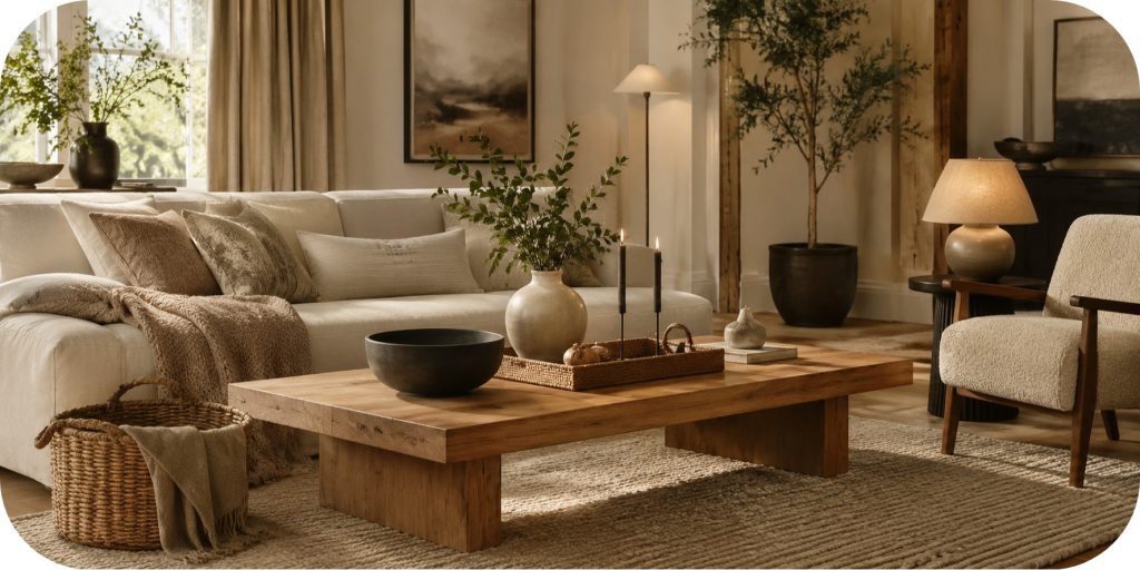 Calm living room with a natural wood coffee table styled with ceramic bowls, greenery, candle holders, woven basket, cream sofa, neutral chair, and warm lighting.