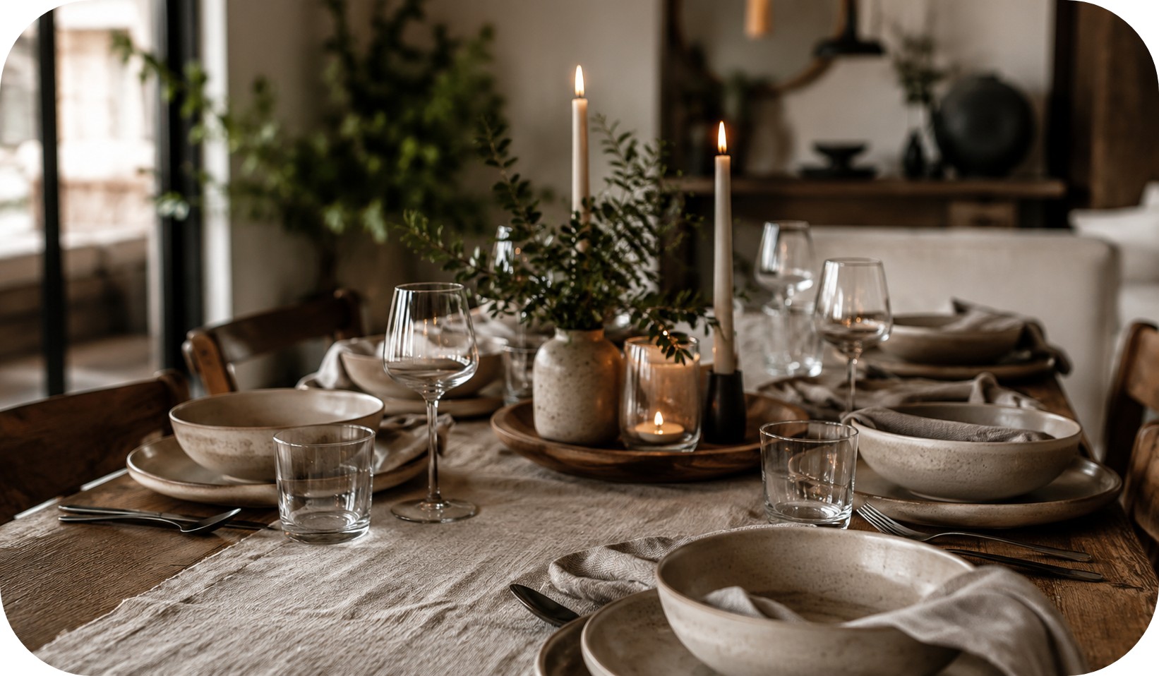 Wide dining table styled with a soft linen runner, ceramic dinnerware, glassware, brushed cutlery, folded cloth napkins, and a wooden tray with candles and greenery in warm natural light.