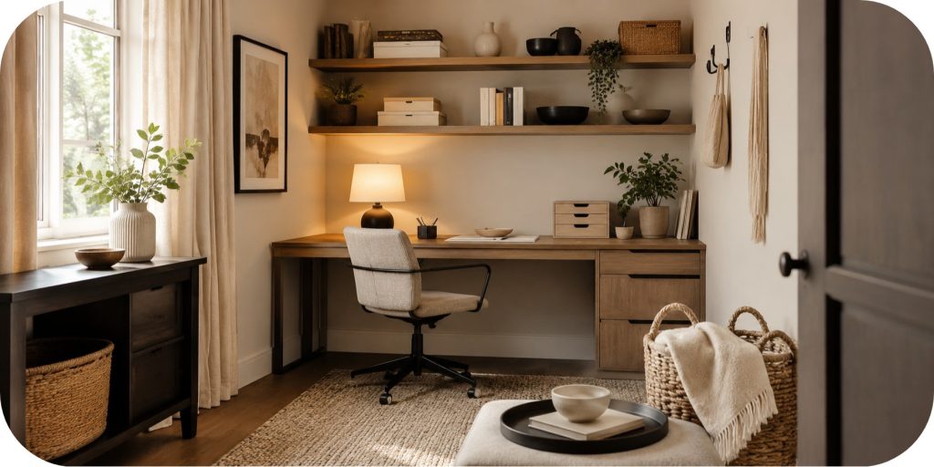 Compact corner home office with a wood desk, neutral office chair, open wall shelves, storage bins, desk lamp, greenery, and warm neutral styling.