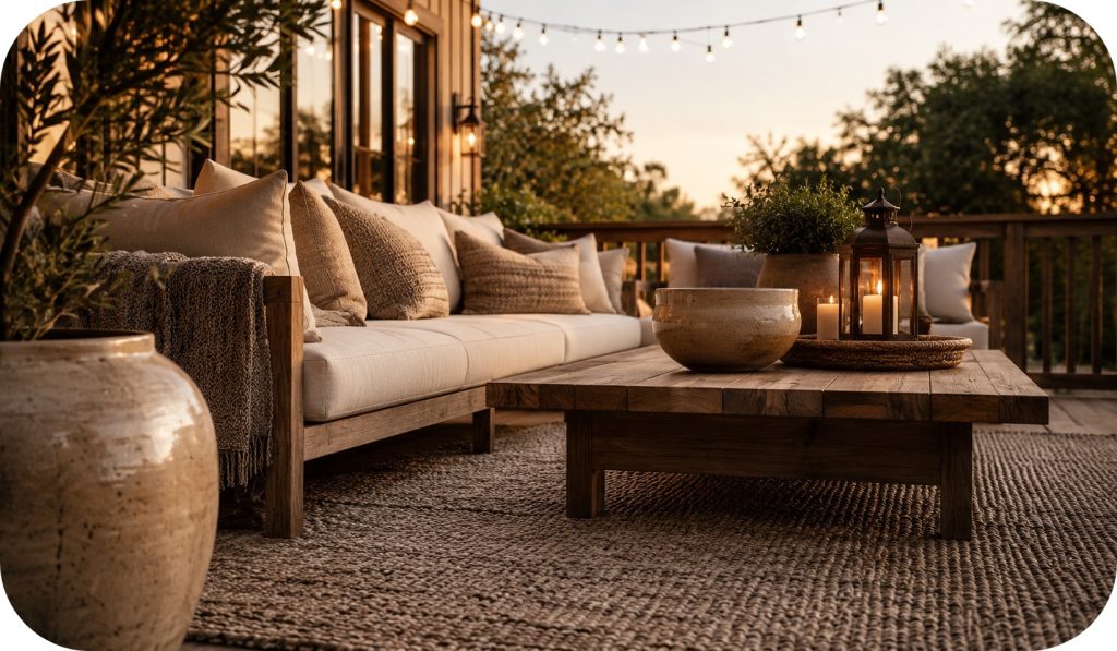 Outdoor deck lounge featuring a wood coffee table with ceramic decor, tray, lantern, textured rug, and soft seating with warm string lights and greenery in the background.