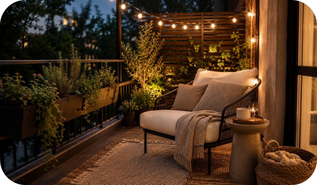 Small balcony styled as a cozy lounge with a single cushioned chair, outdoor rug, side table, string lights, planters, and warm ambient evening glow.