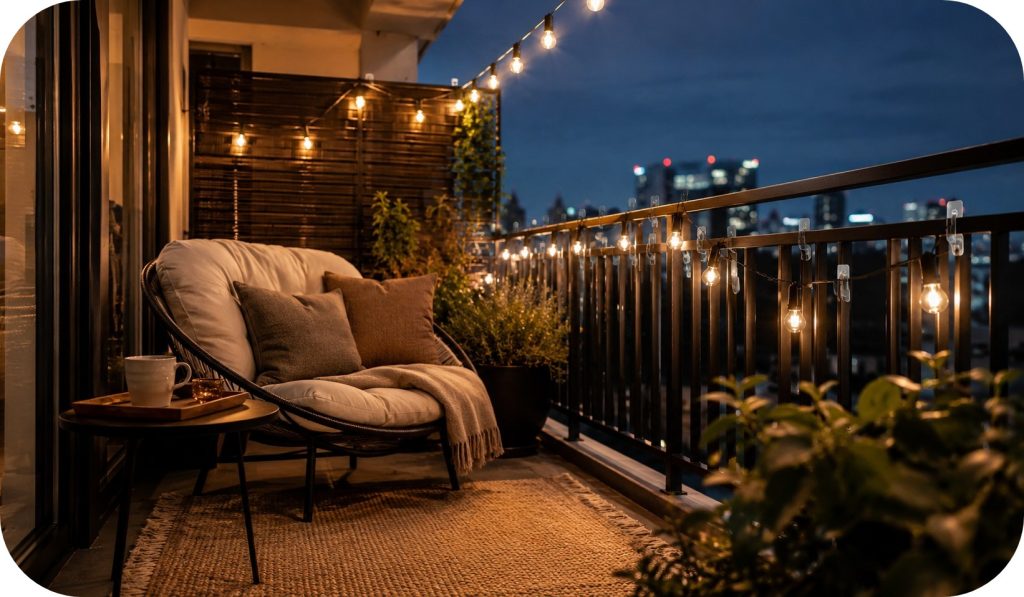 Small balcony lounge with string lights attached using hooks, cushioned chair, outdoor rug, side table, and warm evening city glow.