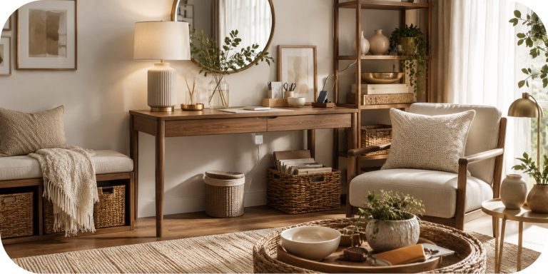 Warm neutral home scene with styled console table, table lamp, chair, baskets, shelving, trays, greenery, and useful décor pieces for everyday living.