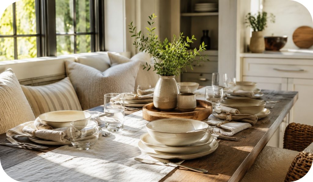Light-filled breakfast nook styled with linen runner, neutral ceramic plates, glassware, folded napkins, and a wooden tray with greenery in soft morning light.