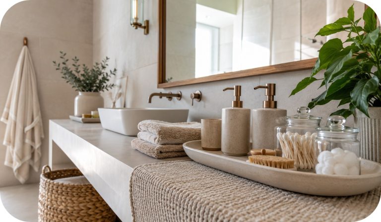 arm neutral bathroom vanity with ceramic tray holding soap dispensers and glass jars, folded towels, small plant, and soft natural lighting in a spa-like setting.
