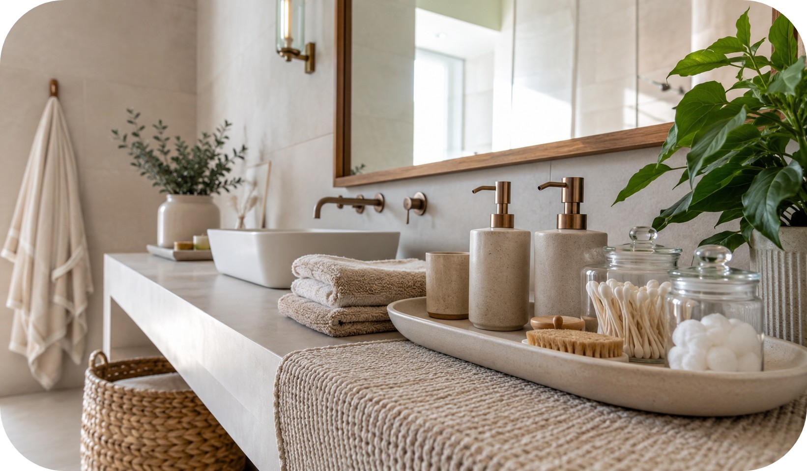arm neutral bathroom vanity with ceramic tray holding soap dispensers and glass jars, folded towels, small plant, and soft natural lighting in a spa-like setting.