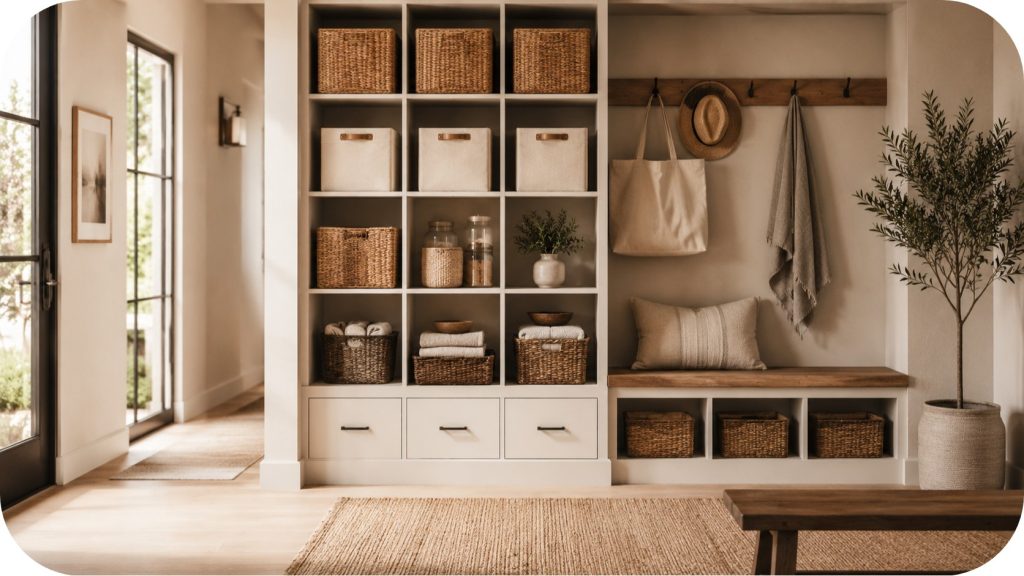 A built-in shelving unit styled with woven, fabric, and lidded storage baskets arranged neatly with folded textiles and neutral decor in a calm, minimal interior.