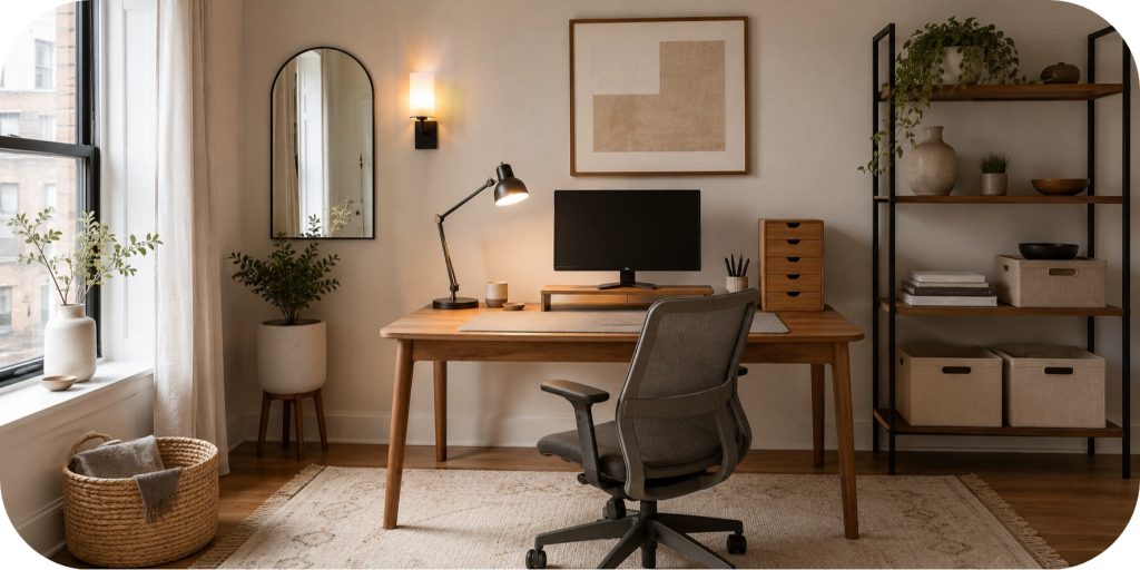 Small apartment workspace with a warm wood desk, monitor stand, desk lamp, neutral desk mat, ergonomic chair, wall shelving, storage bins, greenery, and natural light.