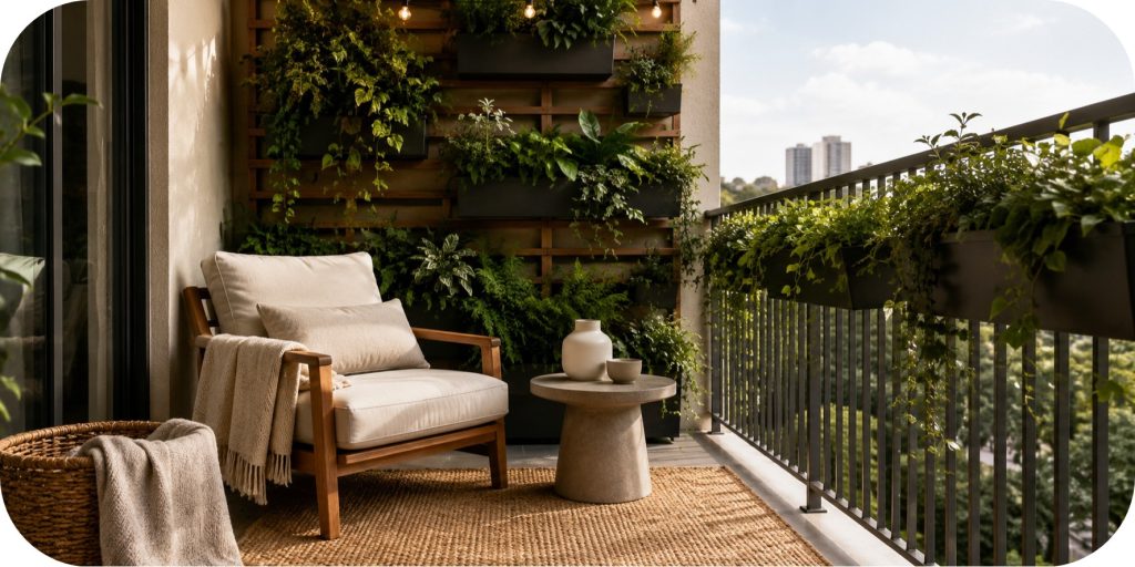 Balcony featuring lush vertical garden wall with mounted planters, railing greenery, and a compact seating area in warm neutral tones.