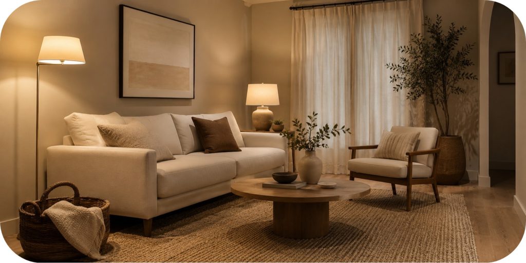 Small living room with floor lamp and table lamp creating warm layered lighting beside neutral sofa, accent chair, and coffee table.