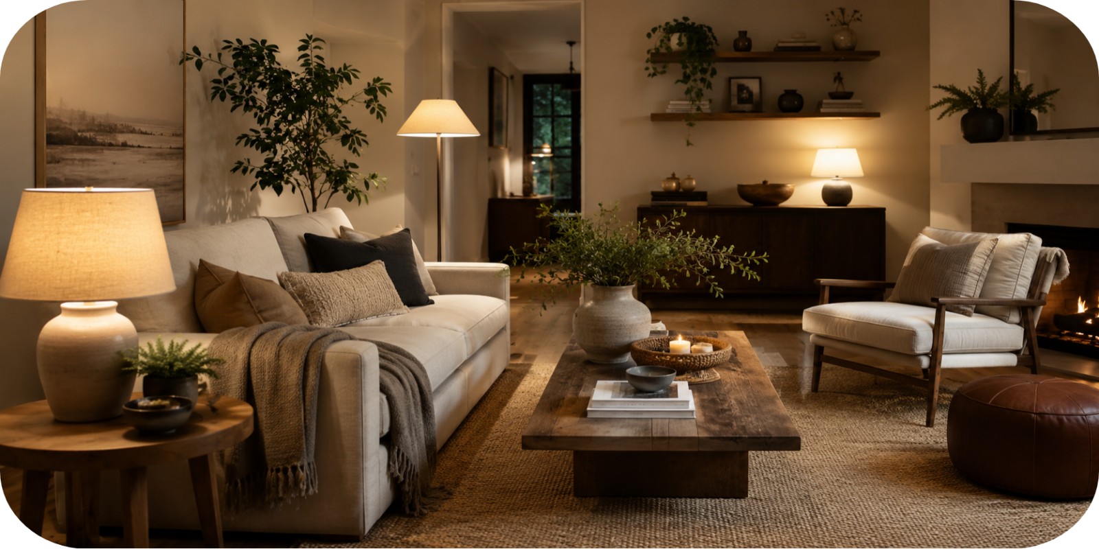 Cozy living room with warm table lamps, floor lamp, neutral sofa, textured pillows, wood coffee table, greenery, and soft evening lighting.