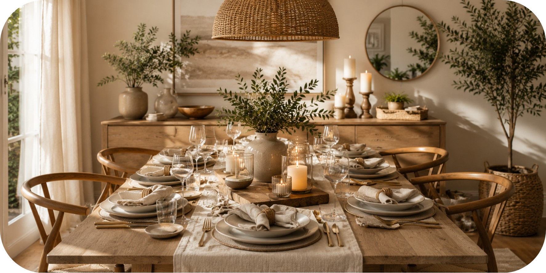 Warm neutral dining table styled with ceramic plates, linen napkins, glassware, candles, greenery, woven textures, and soft natural light.