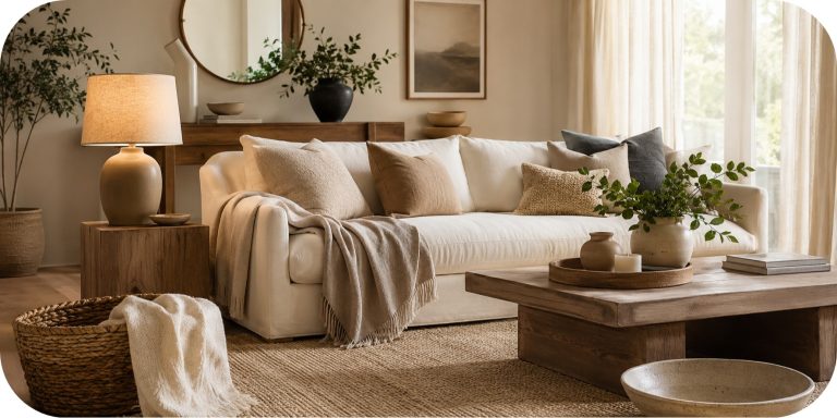 Warm neutral living room with a cream sofa, textured throw pillows, soft blanket, woven basket, wood coffee table, ceramic accents, and filtered natural light.