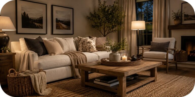 A cozy neutral living room makeover featuring a cream sofa, accent chair, wood coffee table, layered pillows, woven basket, textured rug, greenery, and warm lighting in a professionally styled space.