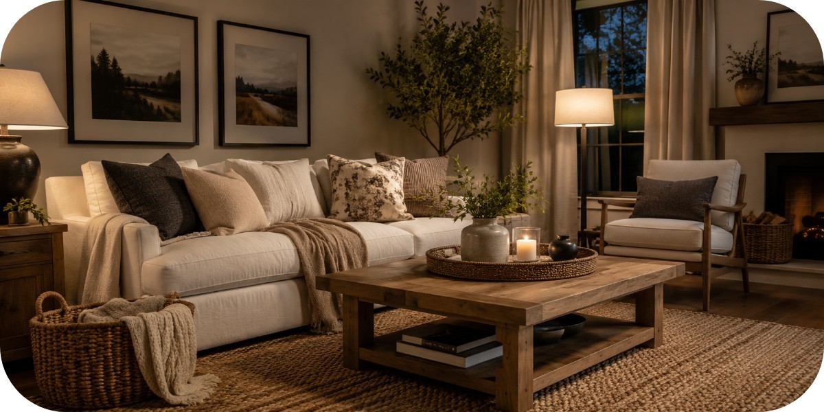 A cozy neutral living room makeover featuring a cream sofa, accent chair, wood coffee table, layered pillows, woven basket, textured rug, greenery, and warm lighting in a professionally styled space.