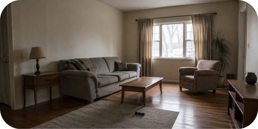 A dated living room before makeover with a gray sofa, separate accent chair, simple coffee table, plain walls, minimal décor, and an unfinished layout showing the need for improved flow and texture.