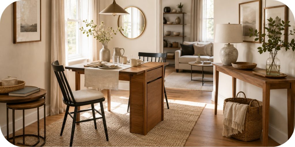 Compact breakfast nook with a warm wood folding dining table, slim chairs, nesting tables, console table, woven basket, and soft neutral décor.