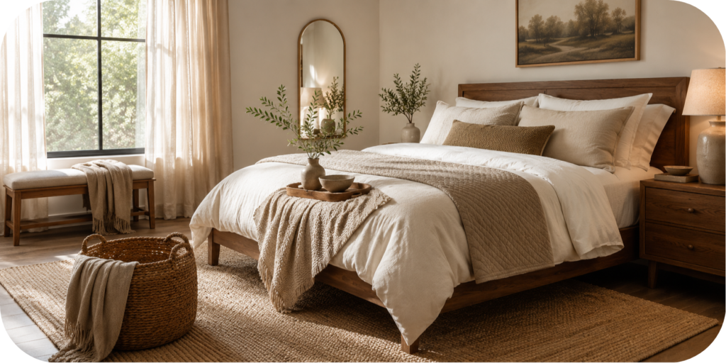 Bright minimalist bedroom with ivory bedding, a taupe quilt, warm wood furniture, natural fiber rug, woven basket, ceramic décor, and morning light.
