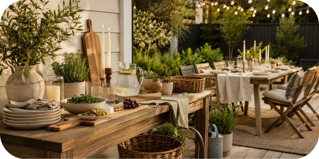 Warm wood outdoor serving station with neutral plates, glassware, serving boards, herbs, greenery, candles, and a backyard dinner table in the background.