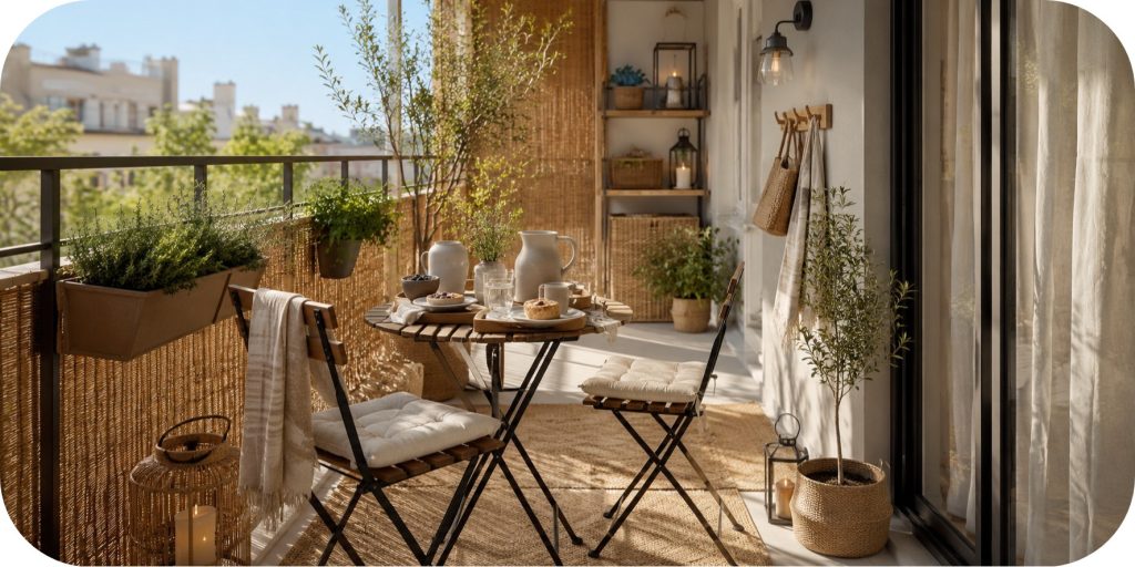 Small balcony breakfast nook with a folding bistro table, slim chairs, neutral cushions, woven privacy screen, potted herbs, lanterns, and soft morning light.
