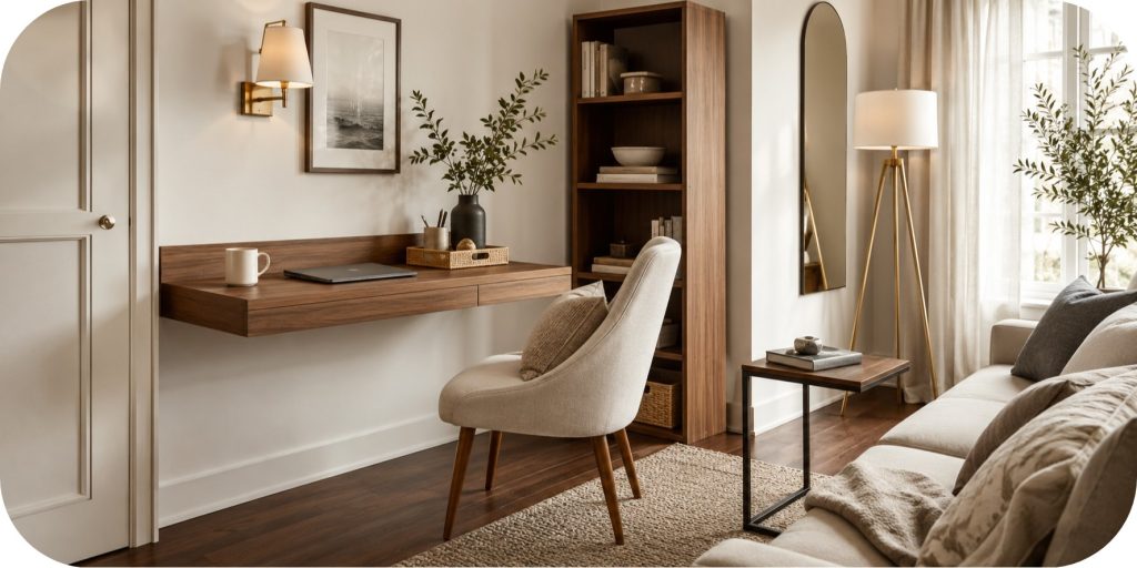 Small apartment living room corner with a wall-mounted wood desk, upholstered chair, narrow bookcase, C-shaped table, and warm neutral styling.