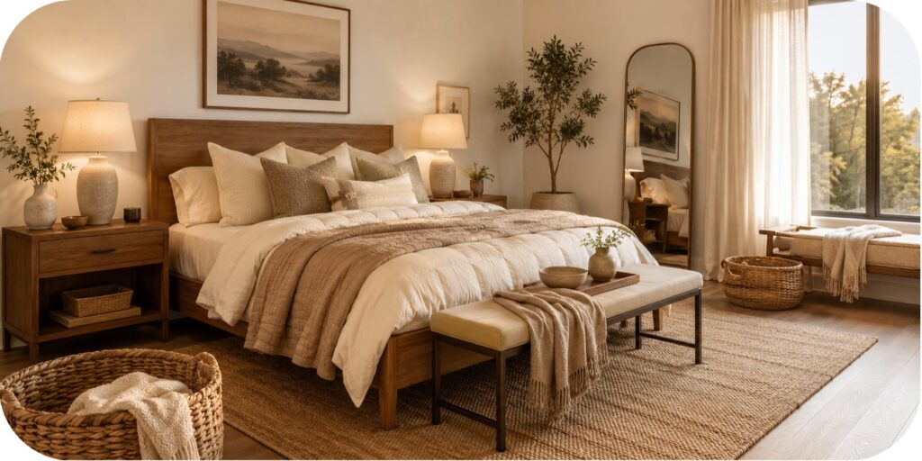 Full warm neutral bedroom with a wood bed frame, layered bedding, ceramic lamps, storage bench, woven baskets, natural fiber rug, mirror, and greenery.