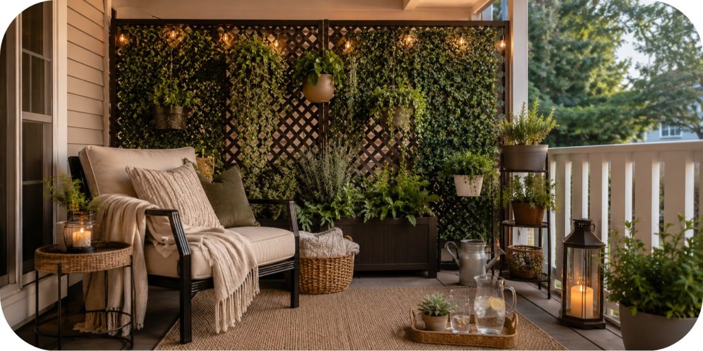 Covered patio seating area with a removable greenery wall, lounge chair, outdoor rug, lanterns, string lights, planters, and warm cozy styling.