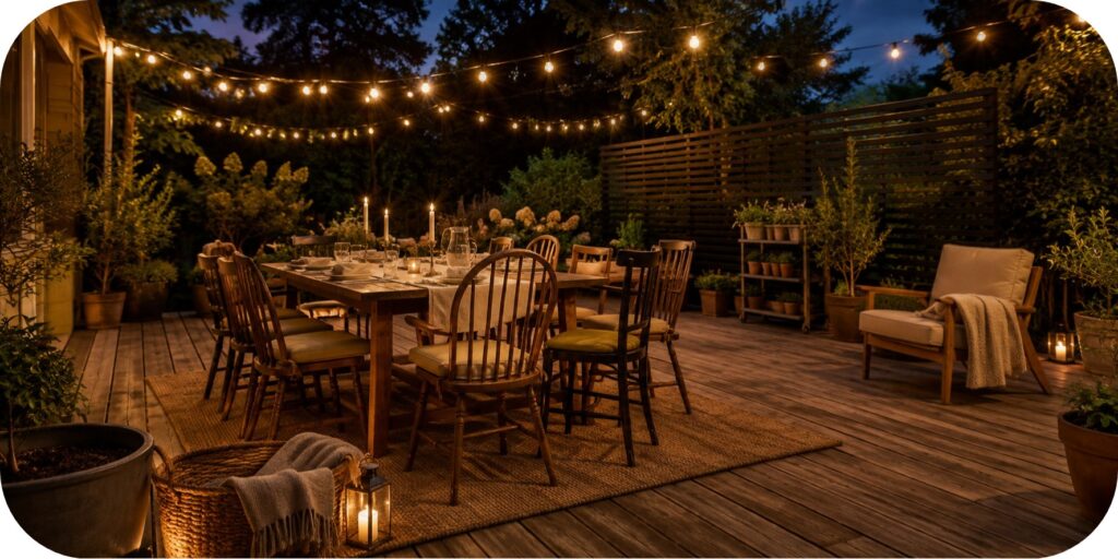 Relaxed wooden deck dining area with mismatched chairs, neutral cushions, string lights, candles, an outdoor rug, planters, and a nearby lounge chair.