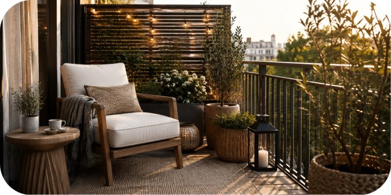 A small balcony styled as a cozy outdoor retreat with a cushioned lounge chair, outdoor rug, greenery, planters, and warm evening lighting.