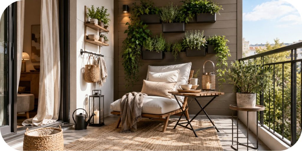 Small balcony lounge corner with a cream outdoor chair, wall-mounted planters, folding bistro table, woven rug, lanterns, and warm neutral décor.