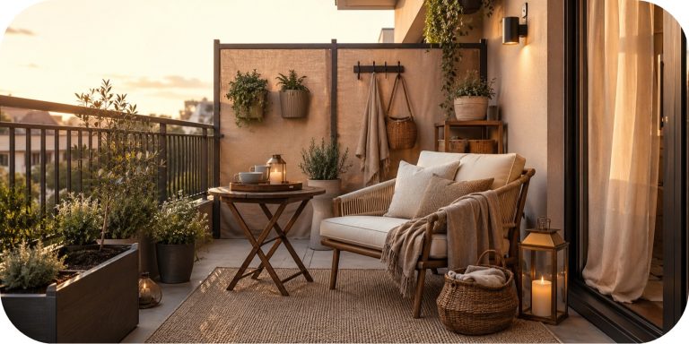 Small apartment balcony with a cream lounge chair, folding bistro table, outdoor rug, privacy screen, wall planters, lanterns, and warm neutral styling.