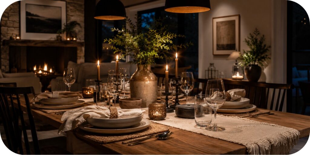 An intimate evening dining table styled with neutral dinnerware, linen napkins, woven placemats, glowing candles, ceramic décor, greenery, and warm ambient lighting.
