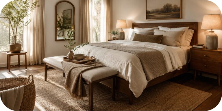 Warm neutral bedroom with a wood bed frame, ivory bedding, taupe quilt, ceramic bedside lamps, natural fiber rug, storage bench, woven basket, and soft greenery.