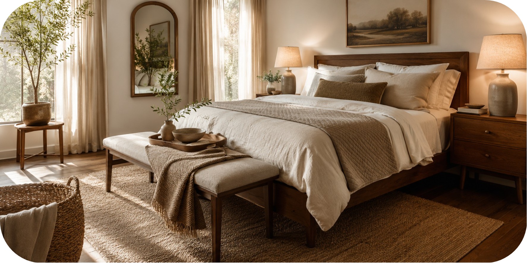 Warm neutral bedroom with a wood bed frame, ivory bedding, taupe quilt, ceramic bedside lamps, natural fiber rug, storage bench, woven basket, and soft greenery.