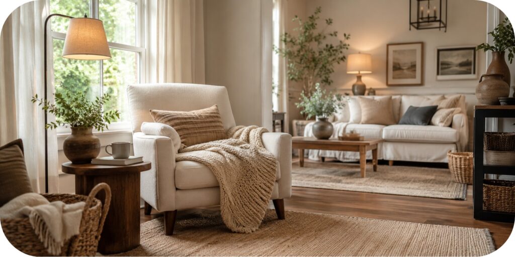 A cozy reading nook connected to a styled living room featuring a cream accent chair, side table, floor lamp, soft blanket, woven basket, window light, greenery, and natural textures.