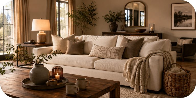 Cozy neutral living room with a cream sofa, taupe pillows, textured throw blanket, warm wood coffee table, woven basket, table lamp, and greenery.