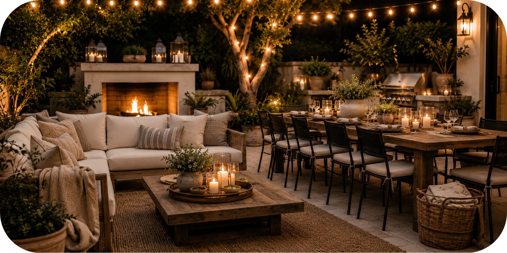 Outdoor patio with a cushioned lounge area, rustic dining table, string lights, candles, fireplace, woven basket, greenery, and warm evening lighting.