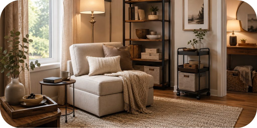 Small-space reading nook with a neutral sleeper chair, narrow bookcase, rolling storage cart, side table, soft throw blanket, and warm window light.