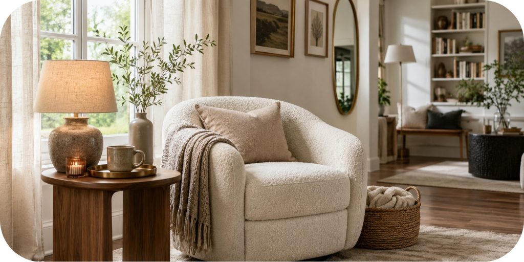 Cozy reading nook with a boucle accent chair, warm wood side table, table lamp, textured throw blanket, woven basket, soft rug, and airy curtains.