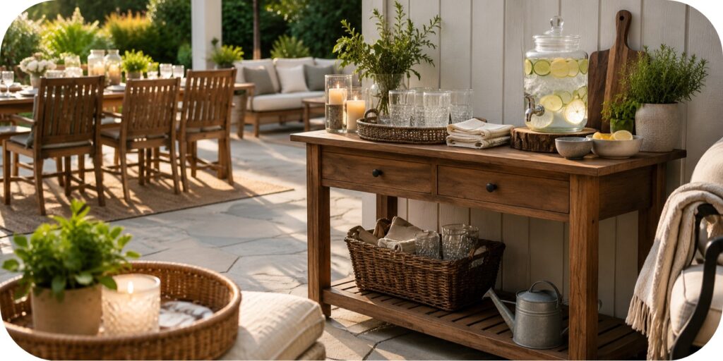 Covered patio drink station with a citrus beverage dispenser, clear glasses, folded napkins, potted herbs, candles, a woven basket, and outdoor dining in the background.