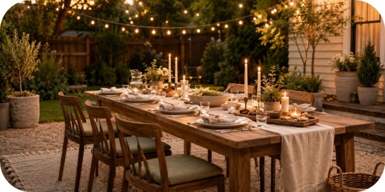 Warm wood backyard dining table styled with neutral place settings, string lights, candles, serving boards, and garden greenery at golden hour.