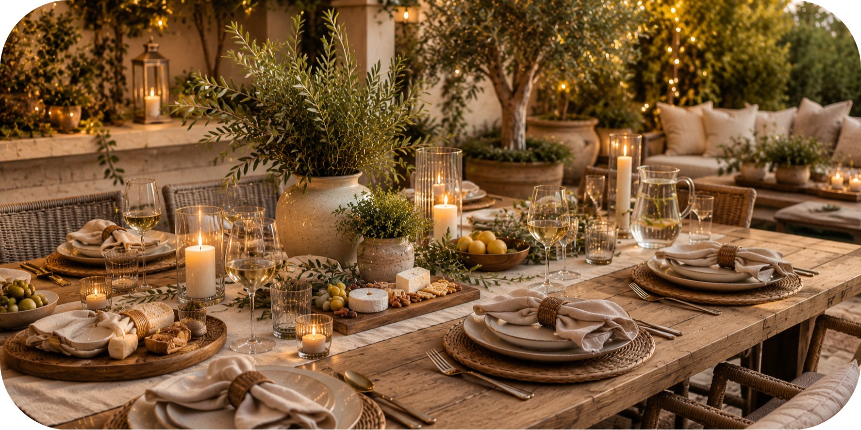 Outdoor garden dining table with linen runner, ceramic plates, rattan chargers, candles, greenery, charcuterie board, glassware, and warm golden hour light.