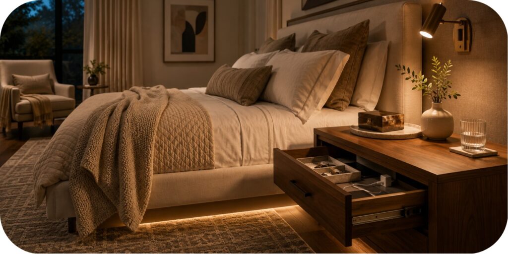 Warm evening bedroom with a wood nightstand, open charging drawer, table lamp, wall sconce, under-bed lighting, and layered ivory bedding.